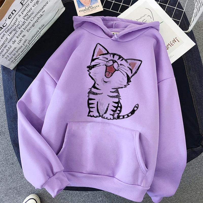 Funny Happy Cat Print Casual Pocket Hoodies Autunm Winter Women's Hooded Clothes Kawaii Graphic Sweatshirts 90s Y2k Streetwear