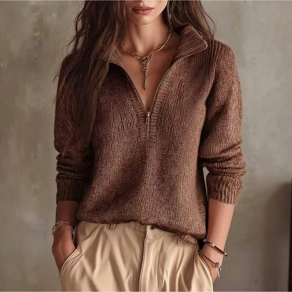 Women's Color Half Zip Long Sleeve Sweater Top Casual Knit Pullover with Collar