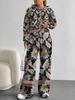 European, American Autumn and Winter Blue Flower Casual Long-sleeved Suit Women's Hooded Sweater Trousers Two-piece Set