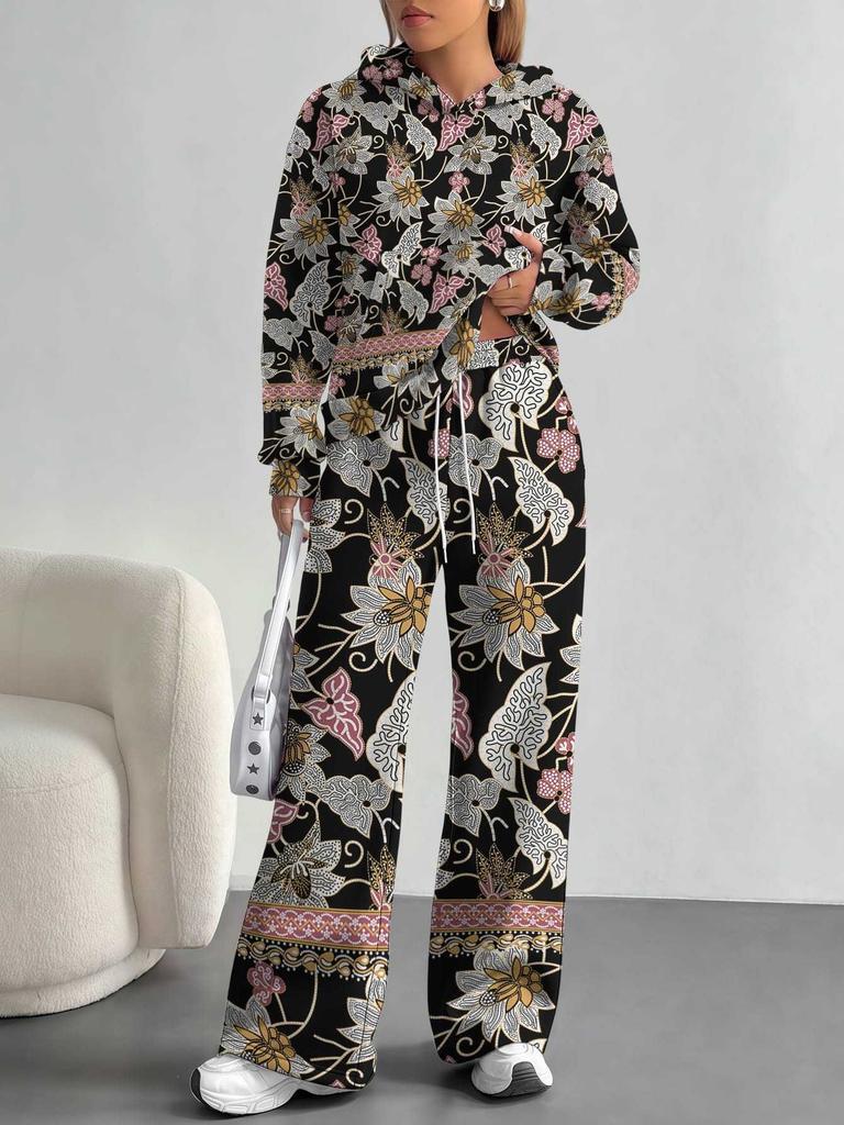 European, American Autumn and Winter Blue Flower Casual Long-sleeved Suit Women's Hooded Sweater Trousers Two-piece Set