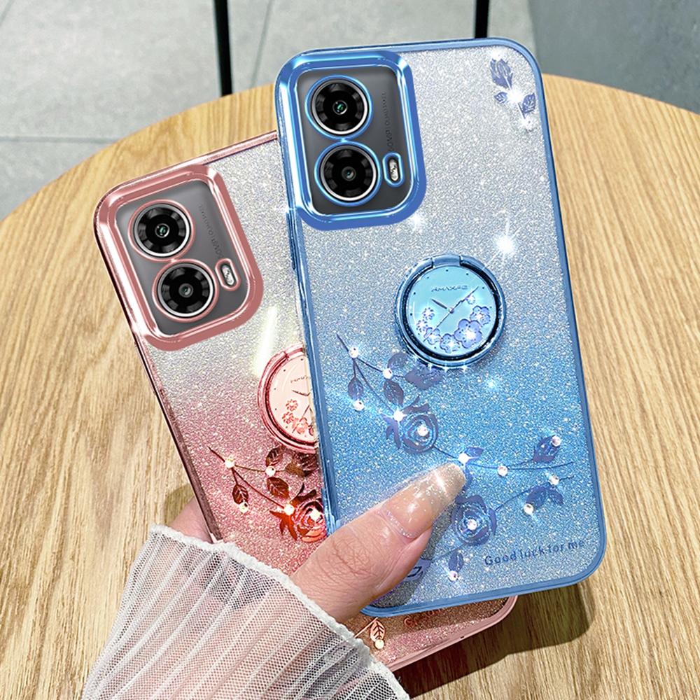KADEM For Motorola Moto G85 5G/S50 Neo 5G Case Ring Kickstand TPU Flowers Phone Cover Gradient Glitter