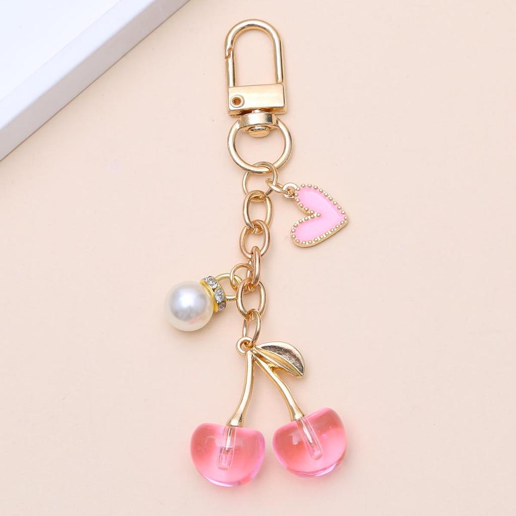 Cherry Heart Keychain with Faux Pearls – European & American Style, Light Luxury Sweet Bag Pendant