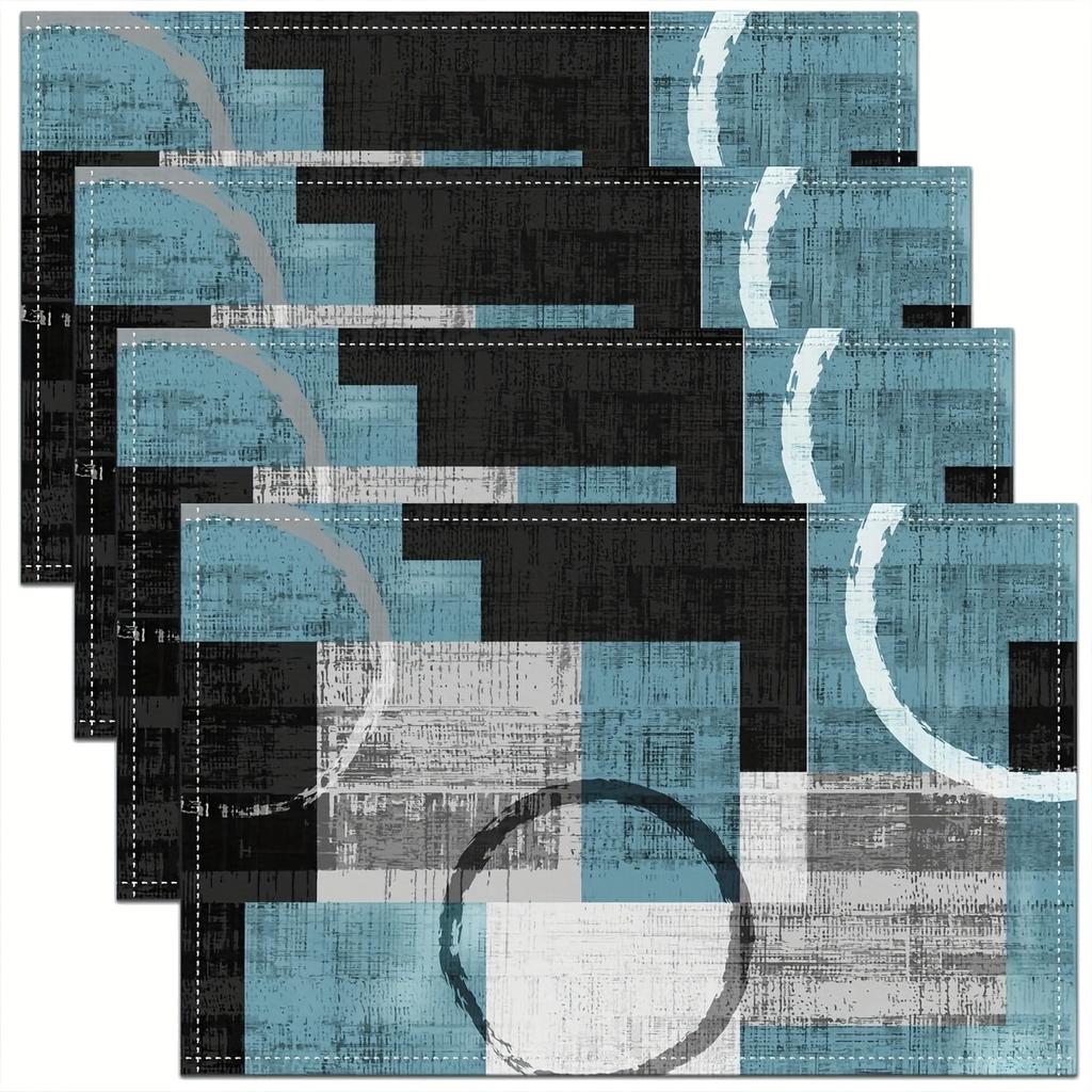 4 Stück Moderne Tie-Dye Karomuster Tischsets - Aquarell Türkis, Grau, Weißes Gitter Küchenmatten mit Geometrischen Kreisen & Abstraktem Design
