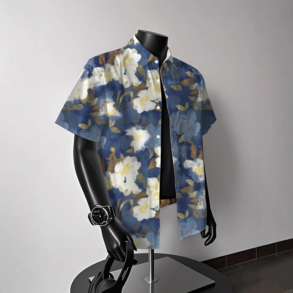 Men's Vintage Hong Kong-Style Hawaiian Floral Short-Sleeve Shirt: Trendy Summer Beachwear for Couples