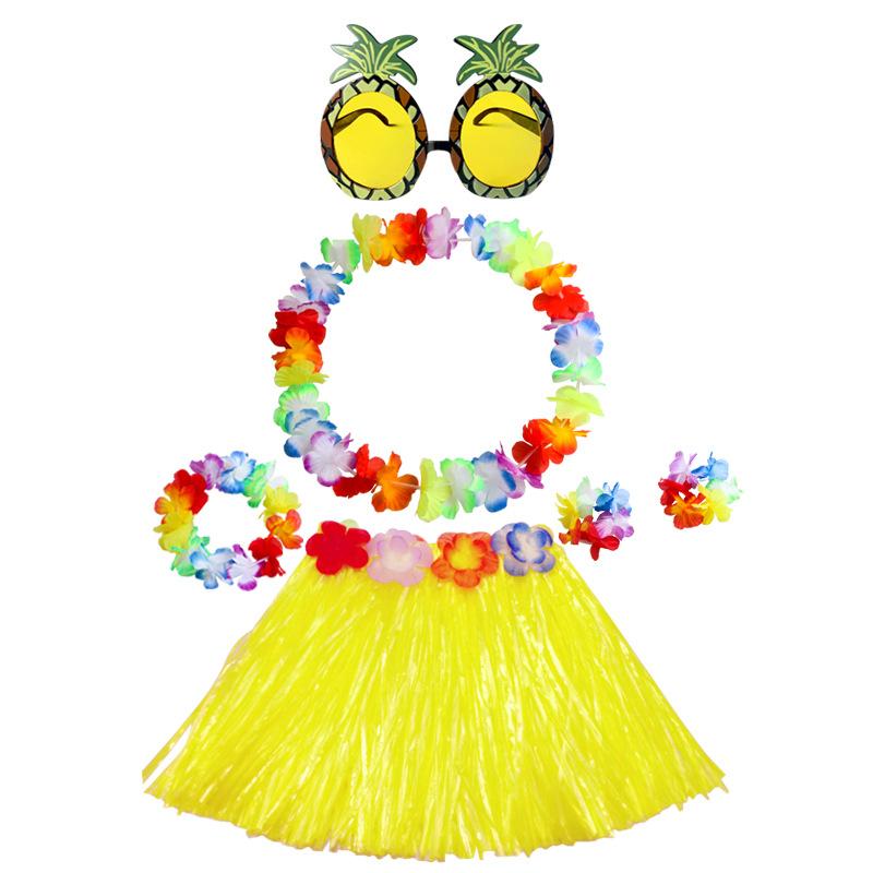 6pcs Set 30CM Single-layer Grass Skirt Wreath Pineapple Glasses Festival Party Atmosphere Performance Outfit Combination Set