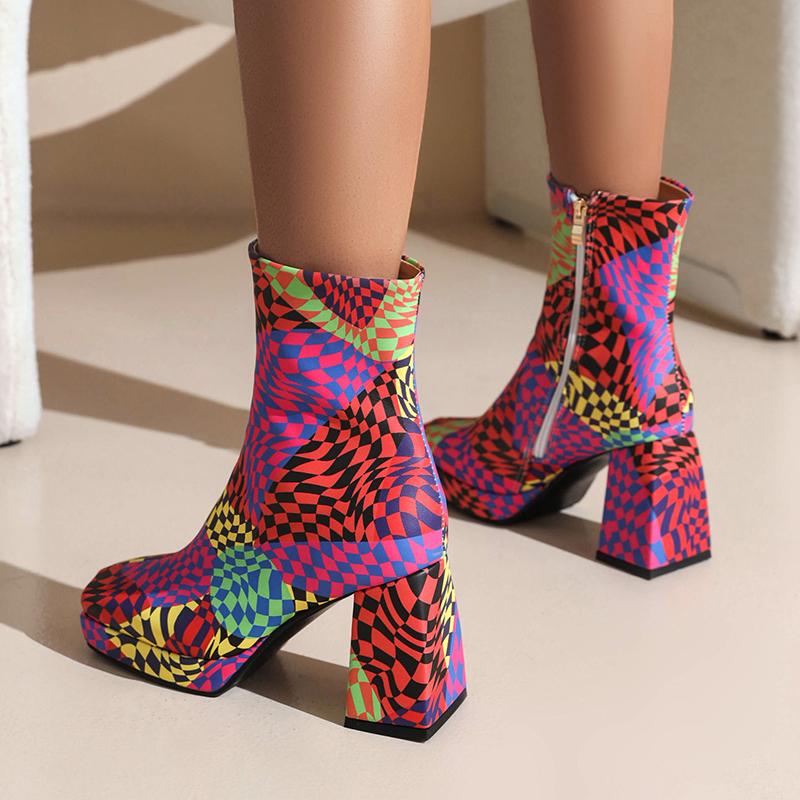 Rutemønster Firkantet Tå Kraftig Hæl Høye Damesko Rutemønster Catwalk Sko Glidelås Plysj Innside Vinter Korte Støvletter