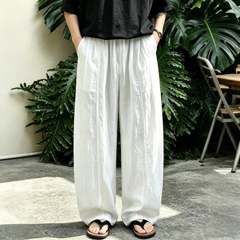 Chinese style summer thin Lyocell Tencel rain dew linen cotton and linen pants men's wide-leg old money style hemp pants