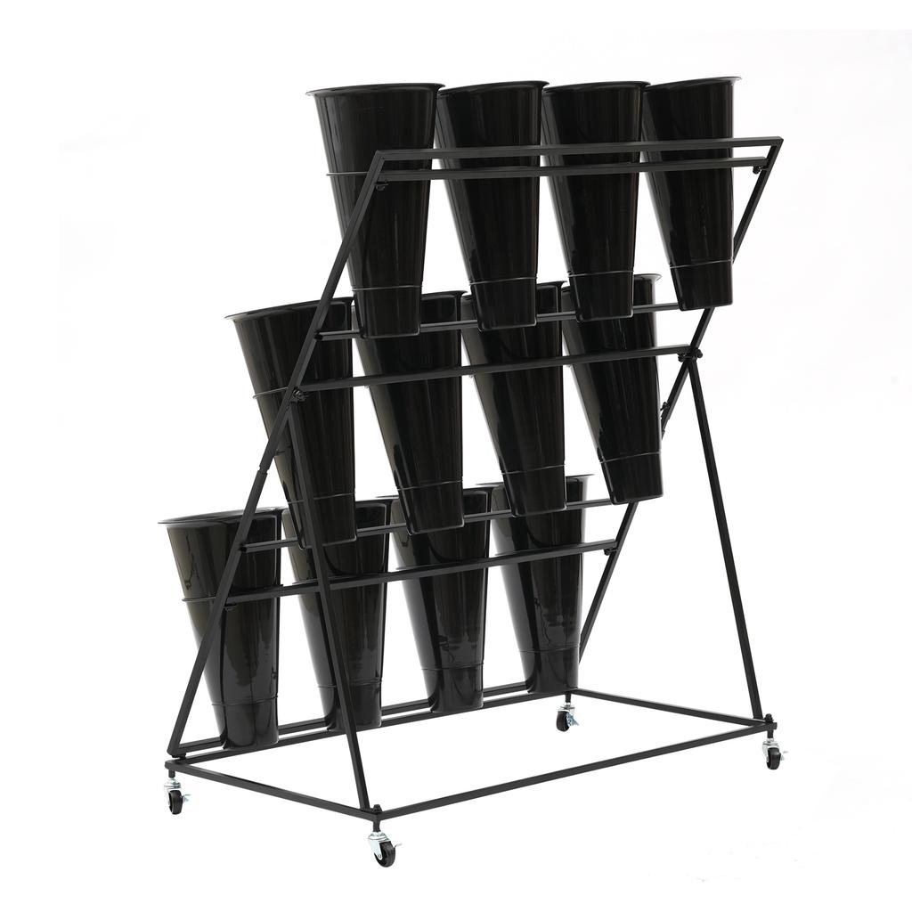 3 Tiers Iron Flower Stand W/12 Plastic Flower Buckets ,Suitable for Organizing and Displaying Potted Plants
