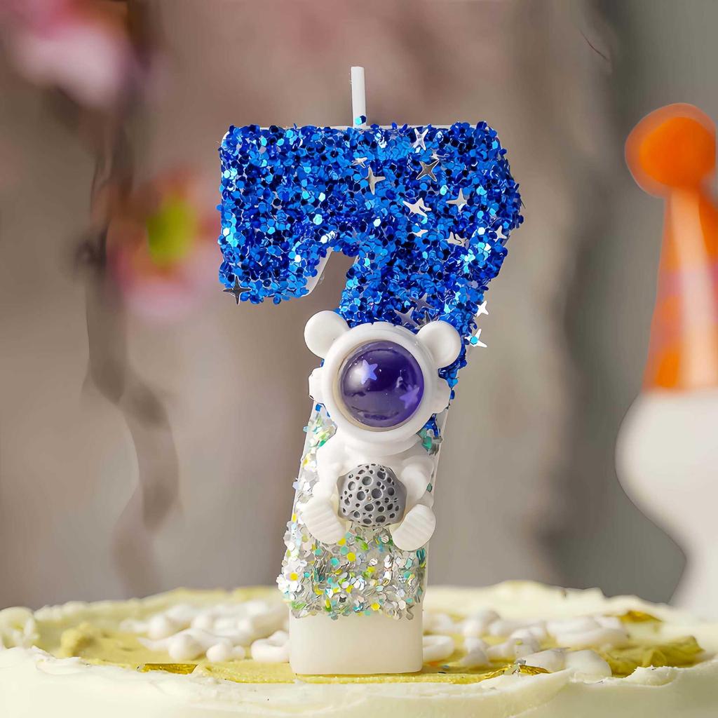 Creative Astronaut Birthday Cake Number Candles with Sequins - Fun Cartoon Atmosphere