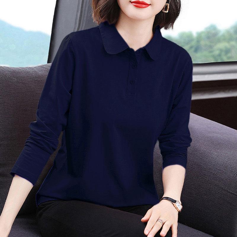 Solid Color Long Sleeve Polo Shirt for Middle-Aged Women - Spring/Autumn Pure Cotton Lapel Top with Collar