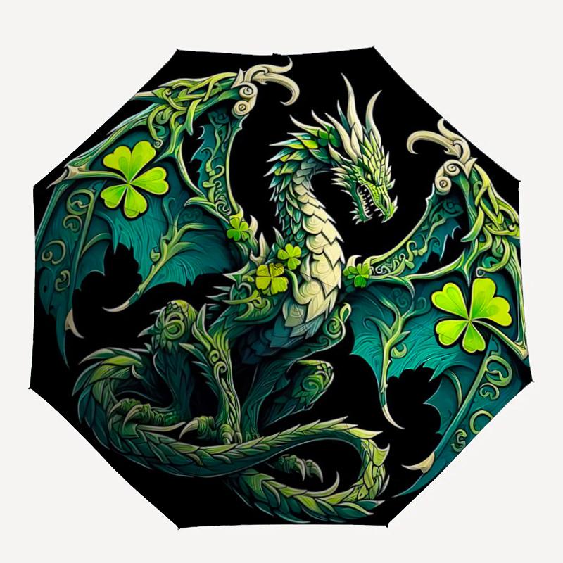 1pc Green Clover Dragon Pattern Automatic Umbrella is Fashionable and Good-Looking,  Suitable for Travel and Daily UseC074