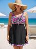 Damen Übergröße Floraler Tankini Bade-Rock Set - Rosa Patchwork Zweiteiliger Badeanzug