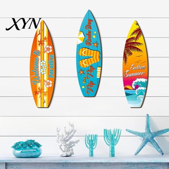Wooden Surfboard Sign Hawaiian Wall Art, Tropical Beach Decor Sign, Summer Aloha Theme Hanging Plaque Durable for Living Room Kids Room, Coastal Ocean