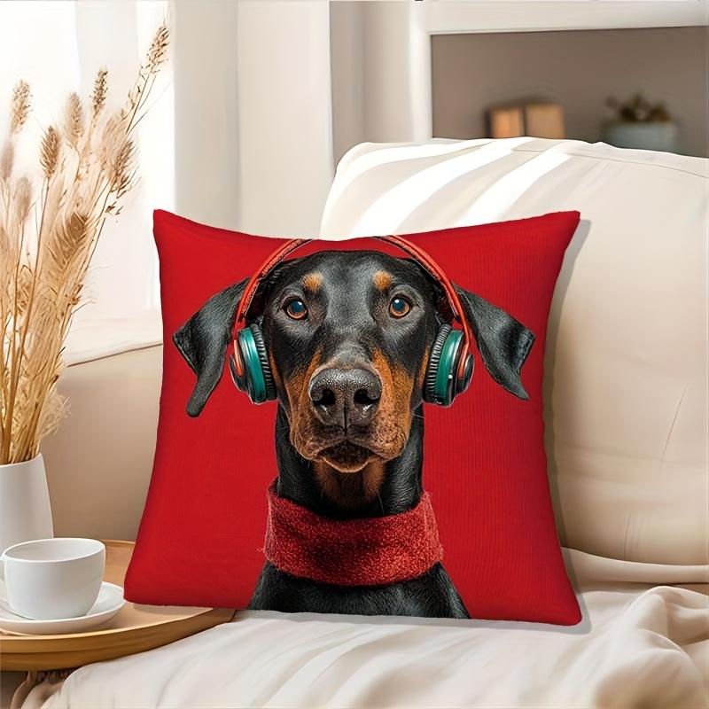 1pc Pillowcase, Doberman Pinscher Wearing Headphones Pillowcase - Soft and Smooth-touch Polyester Short Plush Fabric, Single-sided Printed Pattern, 45