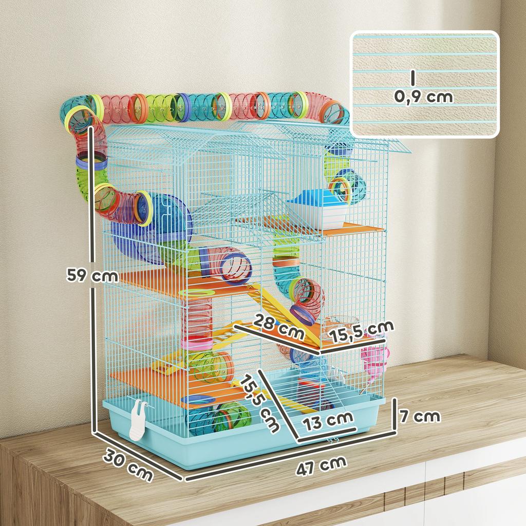 Multi-Level Hamster Cage with Tubes, Platforms, Feeder, Water Bottle, House, Wheel, and Ladders, 47x30x59 Cm, Blue