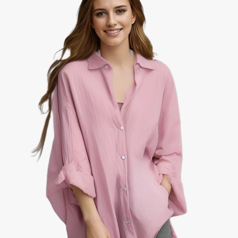 Camicia da donna taglia forte primaverile e autunnale con protezione solare, camicia a taschino media lunga casual ampia