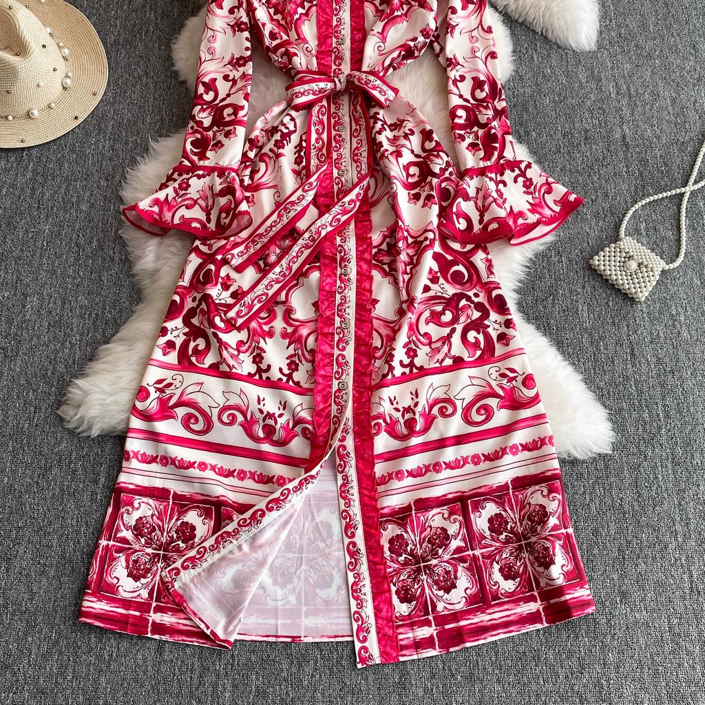 Jaro Podzim Runway Žlutá Červená Modrá a Bílá Porcelánový potisk Župan Dámské Rozevlátý Rukáv Šněrovací Pásek Maxi Společenské šaty