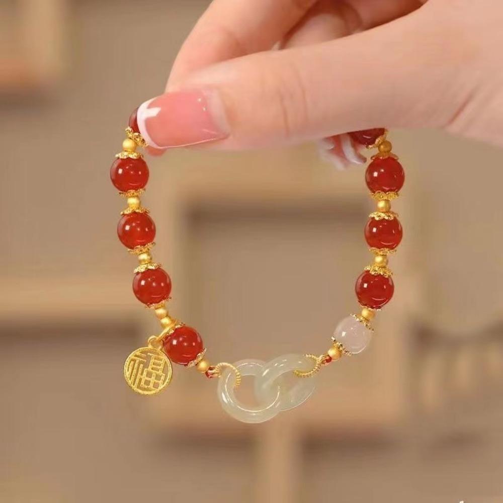 Double Ring Design Interlocking Bracelet Imitation Jade Bangle Jewelry  Women Accessories