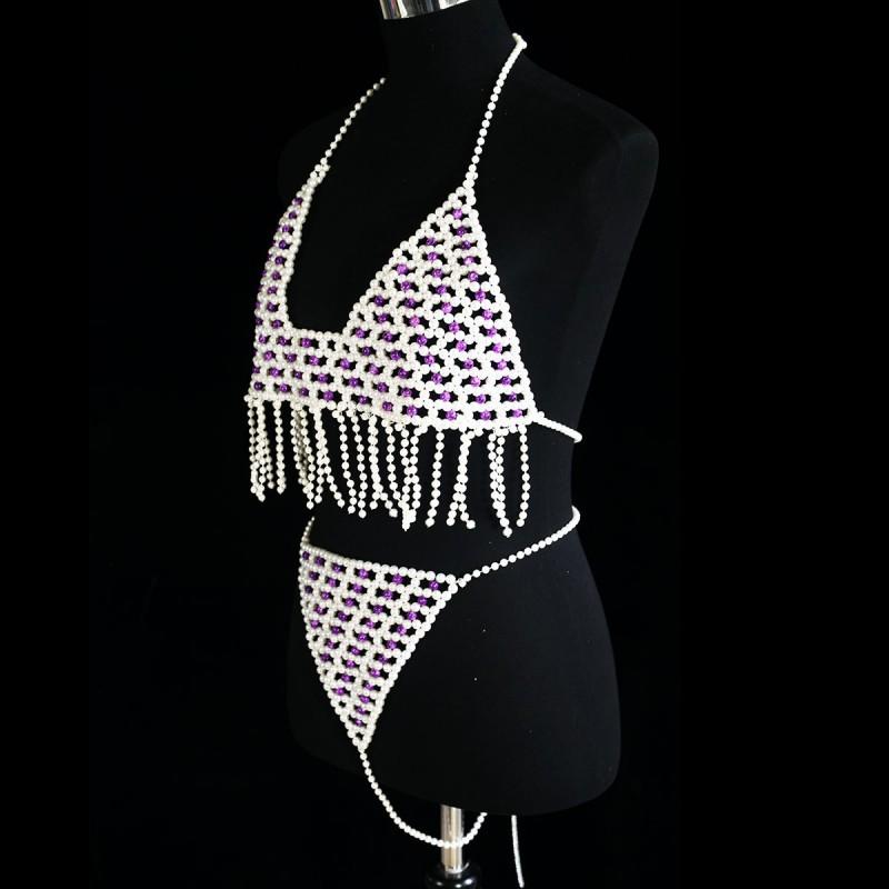 Womens Fashion Layered Pearl-Style Body Chain With Tassel Detail Festival Party Bikini Set