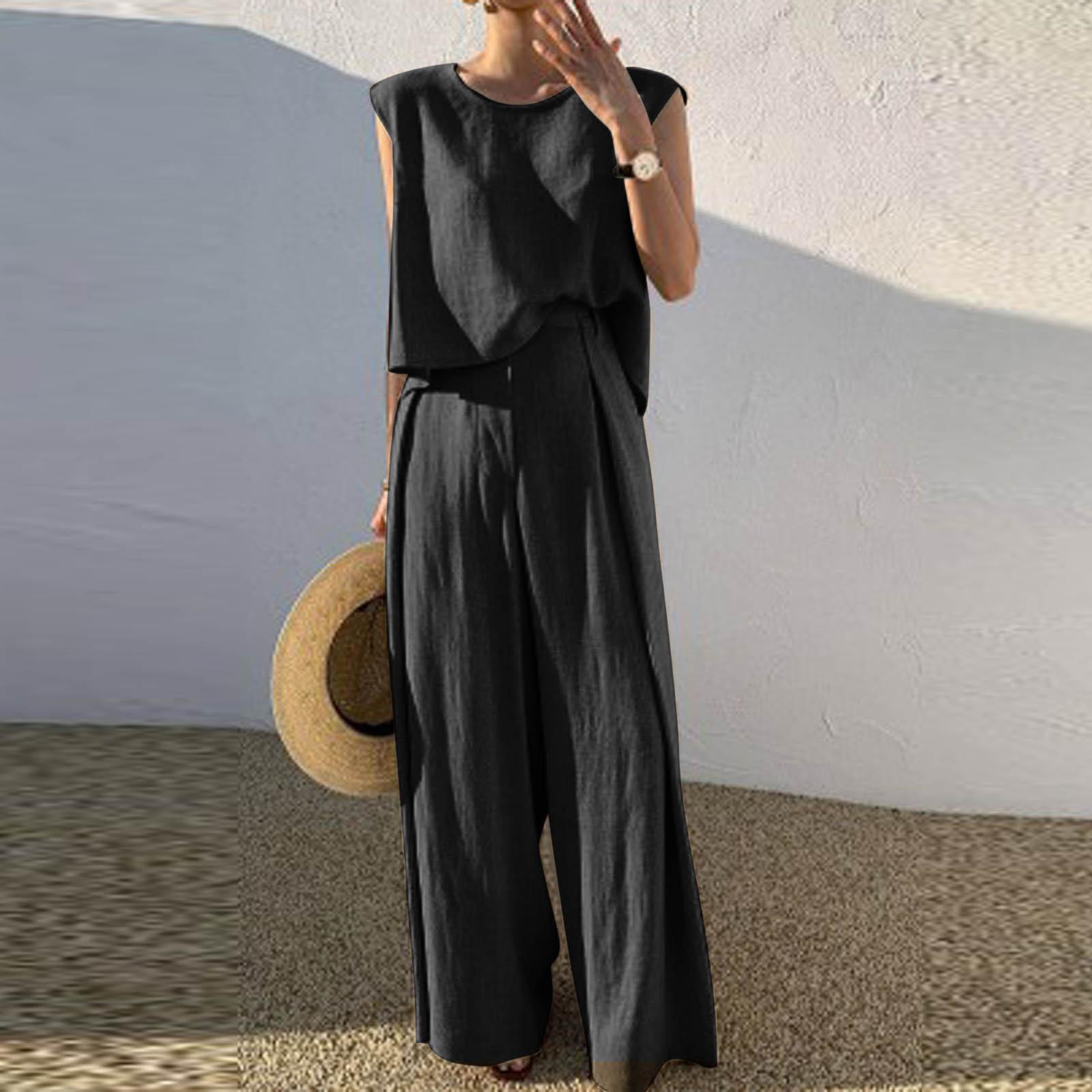

Модний жіночий повсякденний пуловер без рукавів, бавовняний льон, широкі штани, однотонний костюм L чорний