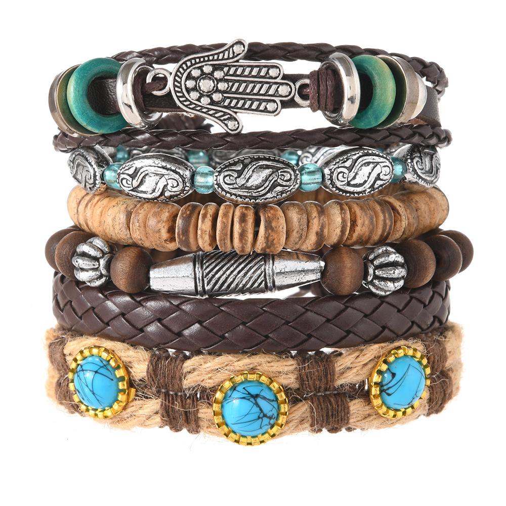 Leather Bracelets for Men Women Handmade Wrap Woven Cuff Bracelets Wooden Beaded Bracelets Vintage Ethnic Tribal Wristbands Bracelet Set Adjustable