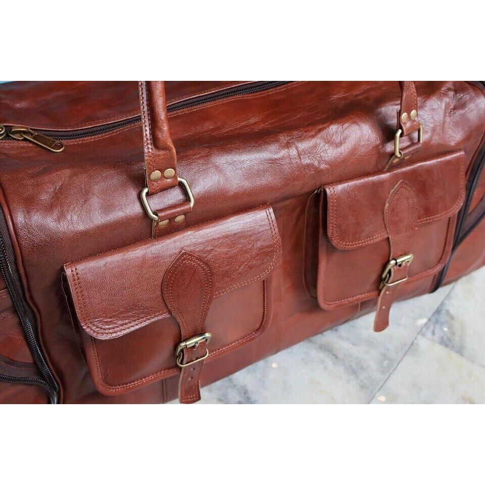 Large Leather Travel Duffel Luggage Men 30" Foldable Weekend Genuine Gym Vintage
