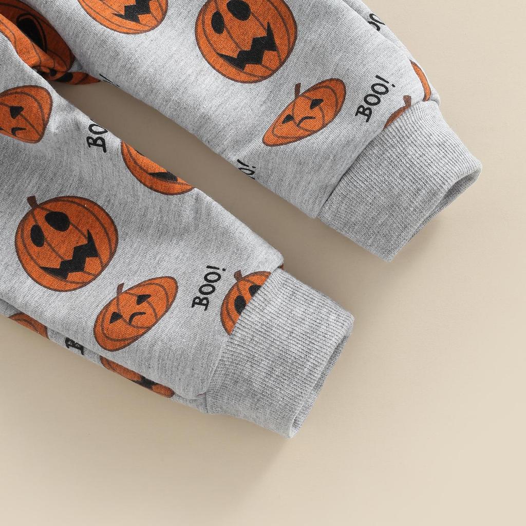 Baby Boys Girls Halloween Outfits Long Sleeve O Neck Pumpkin Print Tops + Gray Drawstring Pants