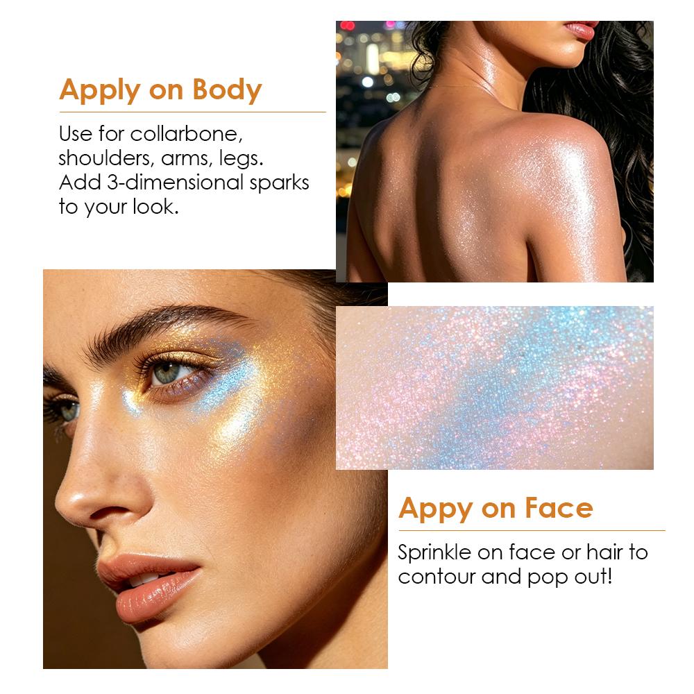 JULYSTAR Polvere da Picchiettare Illuminante, Spugnetta con Polvere Scintillante Magica per Viso Corpo, Illuminante per Trucco da Palcoscenico per Occhi Labbra Clavicola