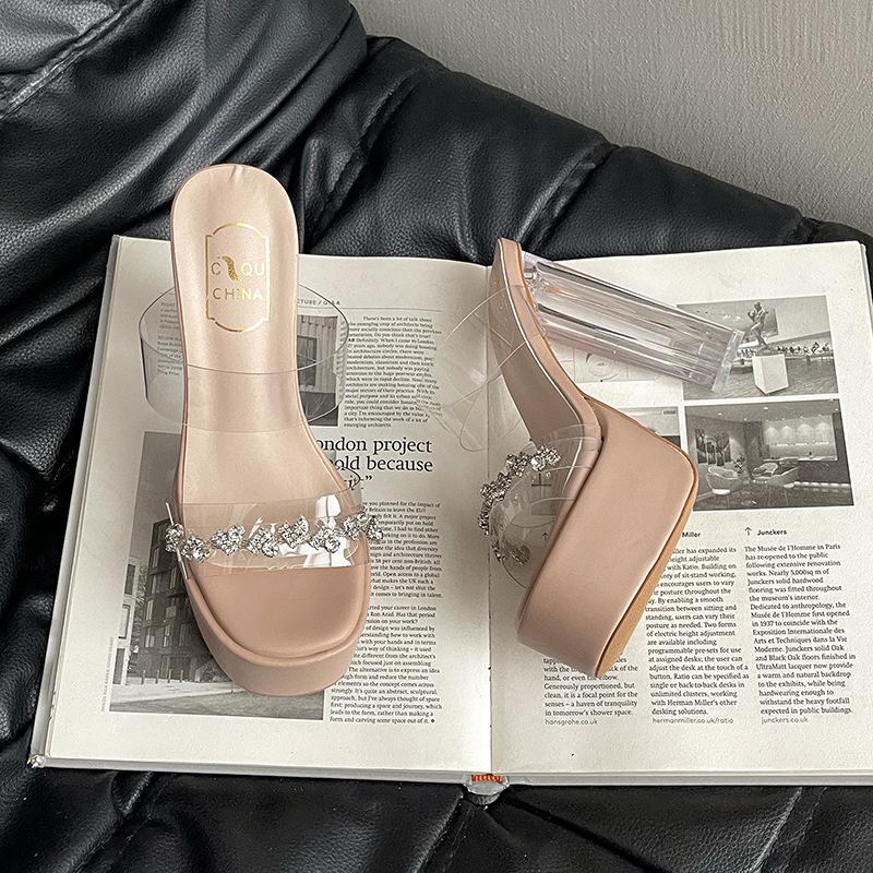 Rhinestone Word with Waterproof Table Transparent Sandals Women's Summer Wear 2025 Summer New Crystal Thick Heel Super High Heels