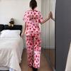 Collared Pajamas with All-Over Heart Print Fashionable Cardigan Short-Sleeve Top and Long Pants Loungewear Set