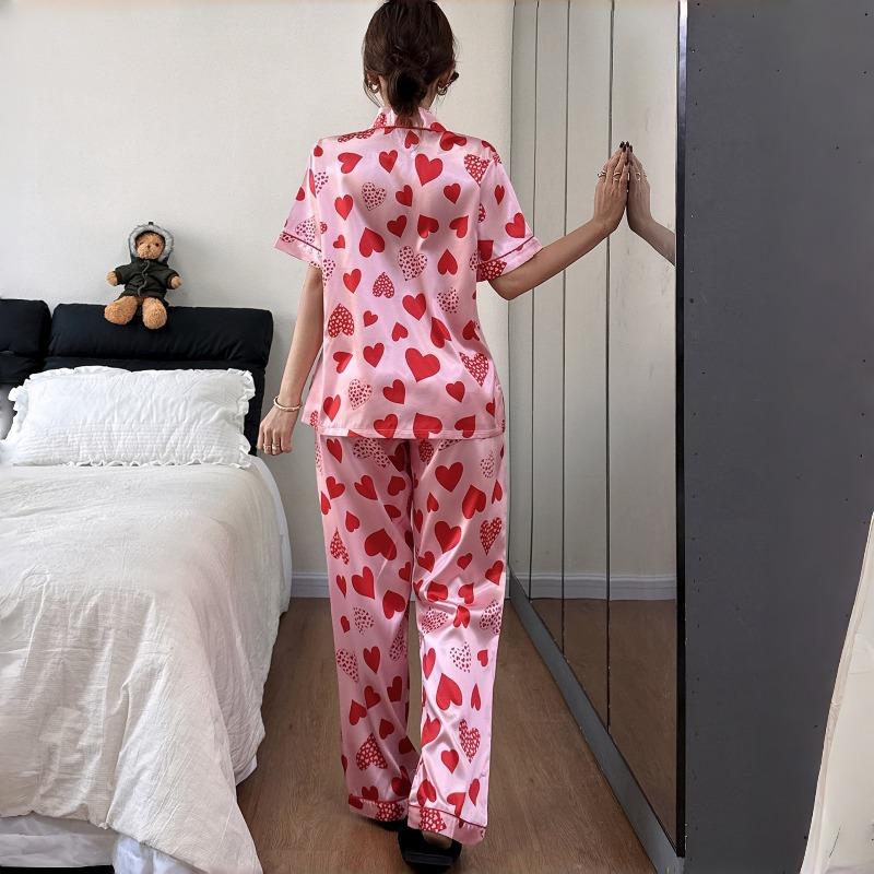 Collared Pajamas with All-Over Heart Print Fashionable Cardigan Short-Sleeve Top and Long Pants Loungewear Set