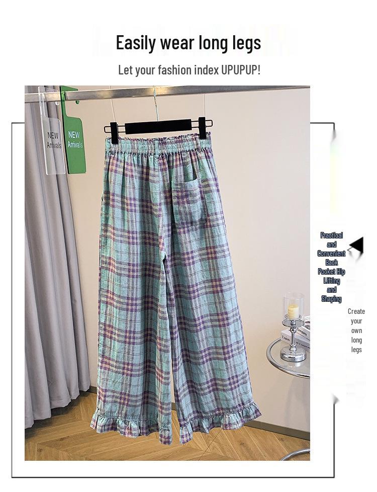 Women's Retro Plaid Wide-Leg Elastic Waist Pants
