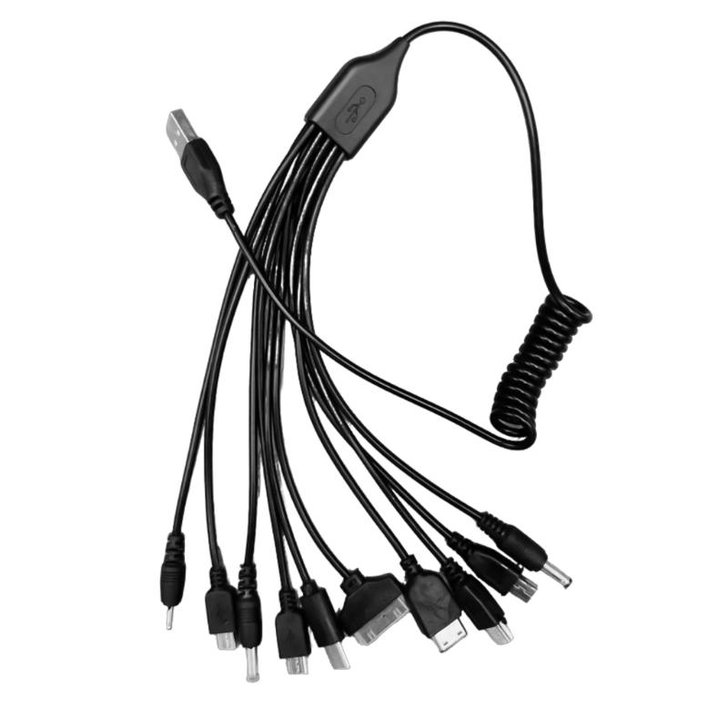 Multifunctional 10 In 1 USB Charging Cable Spring Coiled Data Sync Cord Wire for Multiple Devices Portable 54cm Length