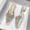 Fashion Pearl Half Slippers Women Shoe Autumn Rhinestone Chunky Mid Heel Slipper Sandals Fashion Muller Casual Versatile Single Shoes