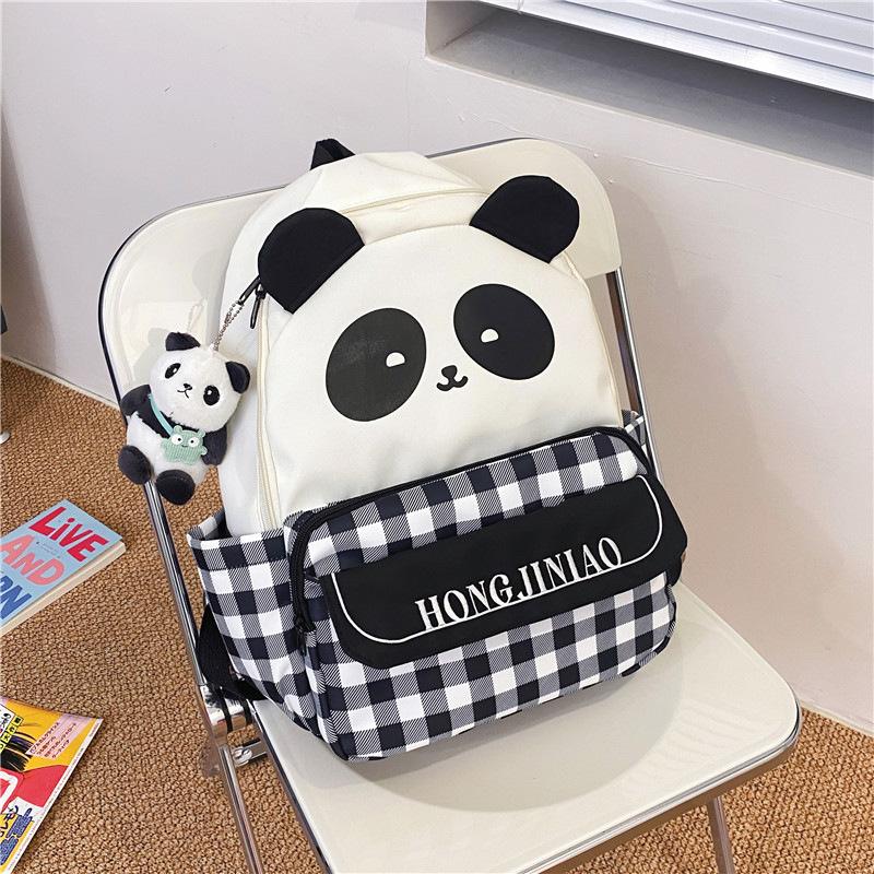 New plaid versatile casual girl backpack cute cartoon panda schoolbag female primary school junior high school student backpack