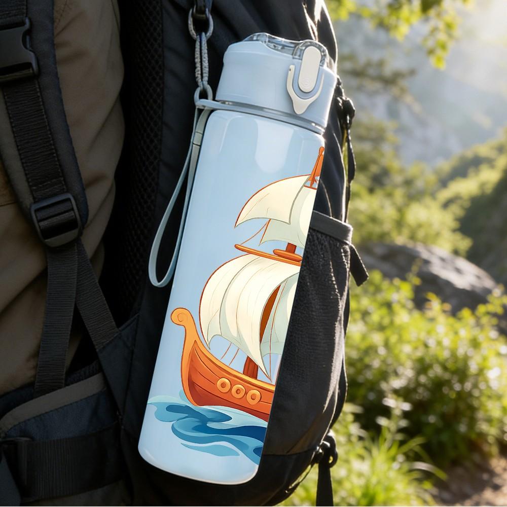 1PC Old Fashion Sailboat Ocean Pattern 750ml Color Plastic Sports Water Bottle Leakproof Flip Straw Lid Suitable for Sports Office Home Use