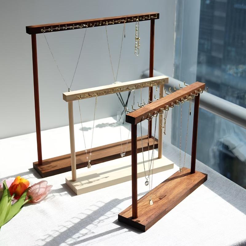 Wooden Double-Row Jewelry Display Rack Elegant Jewelry Organizer with Hooks for Necklaces Bracelets Earrings Rings Space-Saving