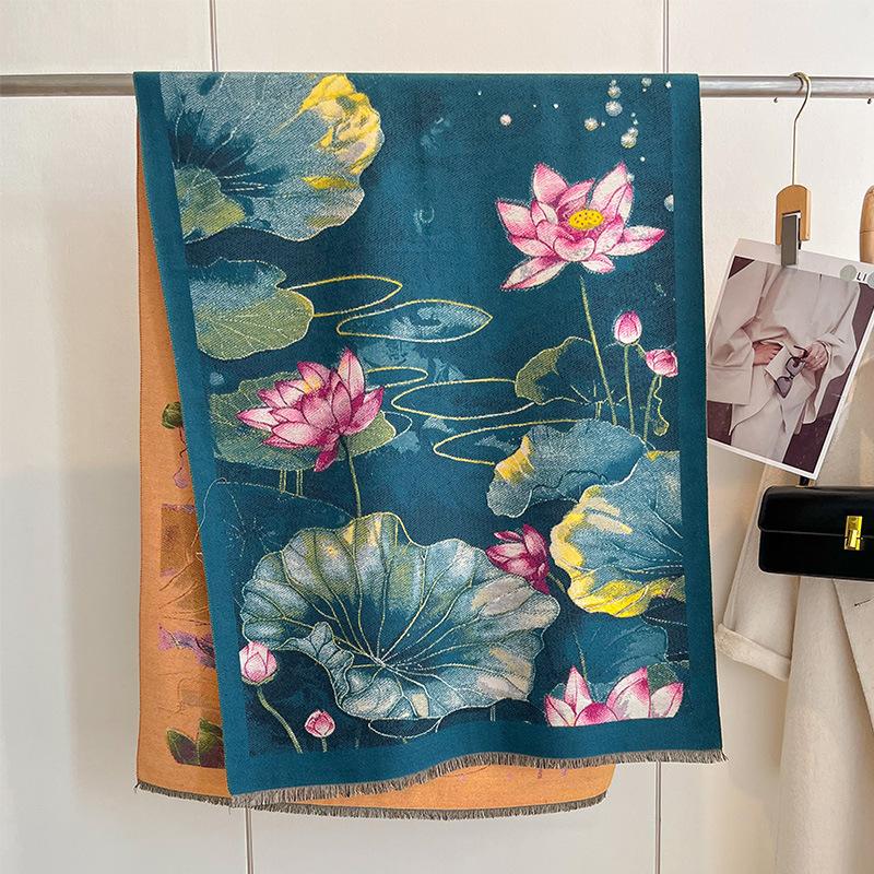 Autumn And Winter National Style Plants And Flowers Landscape Painting Elegant Women Warm Scarf Fashion Retro Shawl