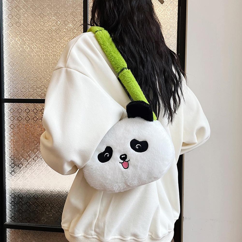 Cute Panda Shaped Plush Handbag Women Animal Crossbody Bags Bamboo Shaped Strap Hobo Shoulder Bag Travel Shopping Underarm Pouch