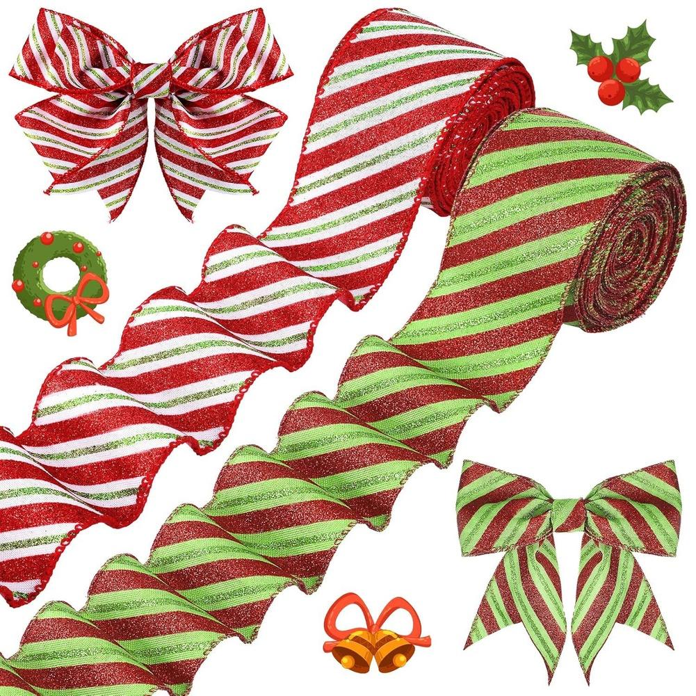 Christmas Wired Ribbon Featuring Glitter and Sequins for Use In For Present Wrapping Tree Decorations and Craft Projects