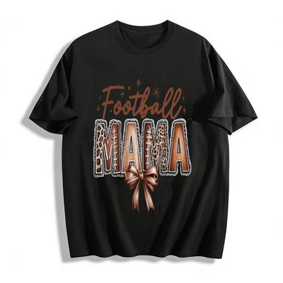 Football Mama Leopard Print Bow Casual Graphic Tee Shirt Pure Cotton T-shirt