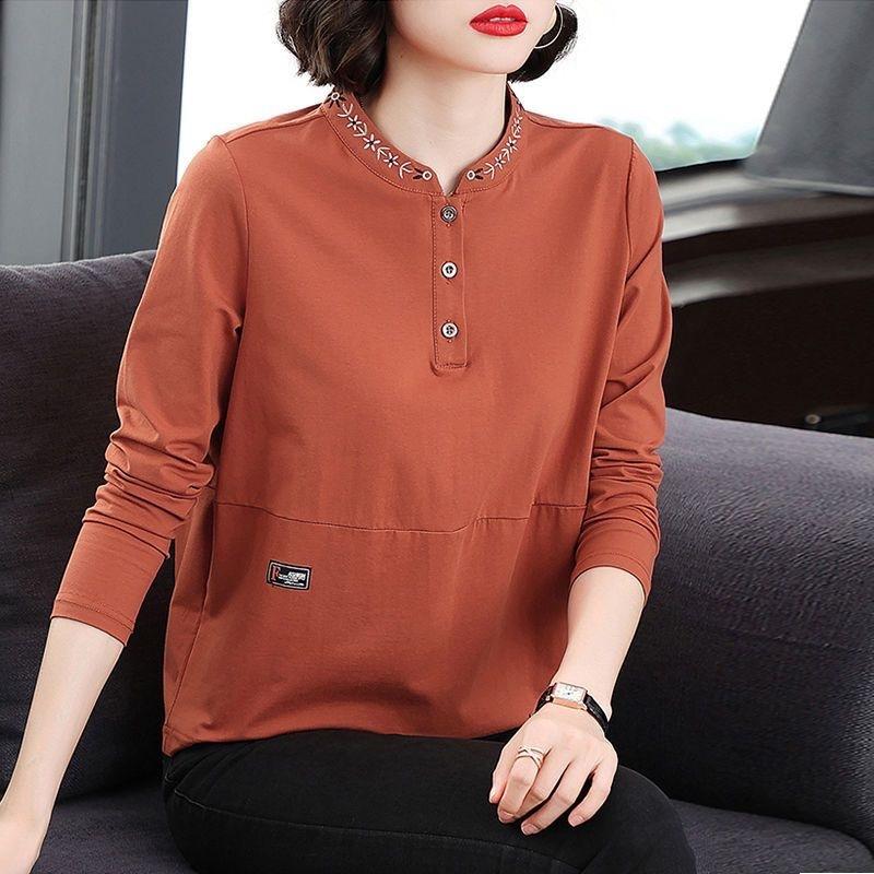

New Spring and Autumn Long-sleeved Women s Versatile Round-neck Embroidered Middle-aged Fashionable Temperament M оранжевый