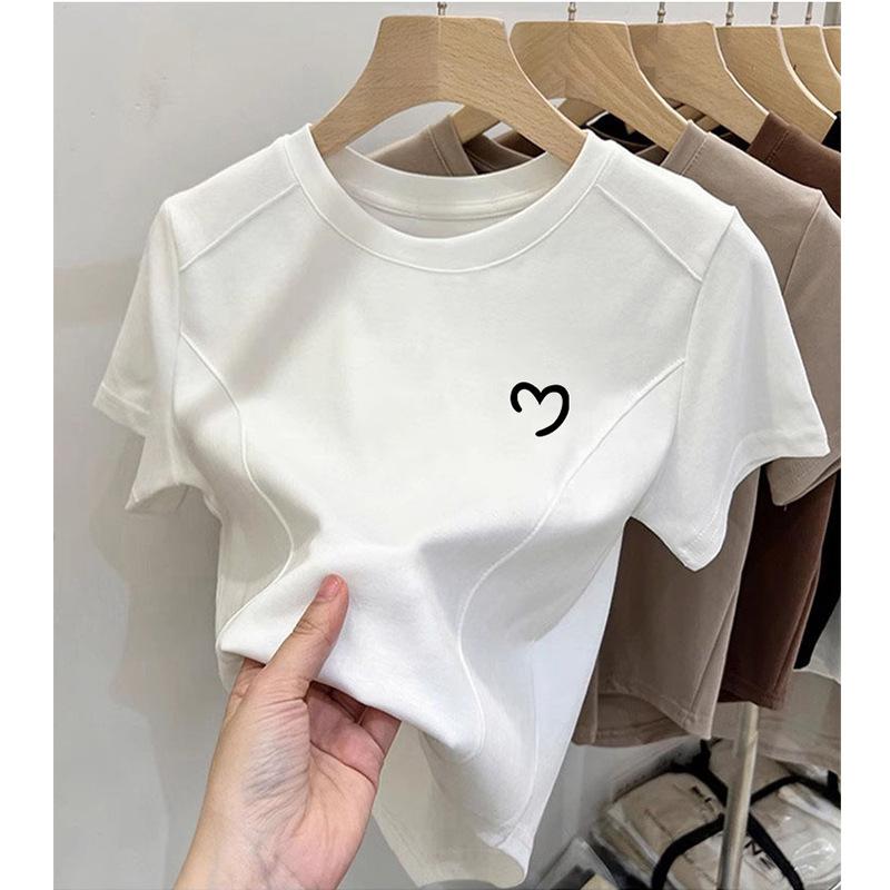 Design sense niche round neck simple short-sleeved T-shirt women's summer slim and thin age reduction versatile casual pure cotton top