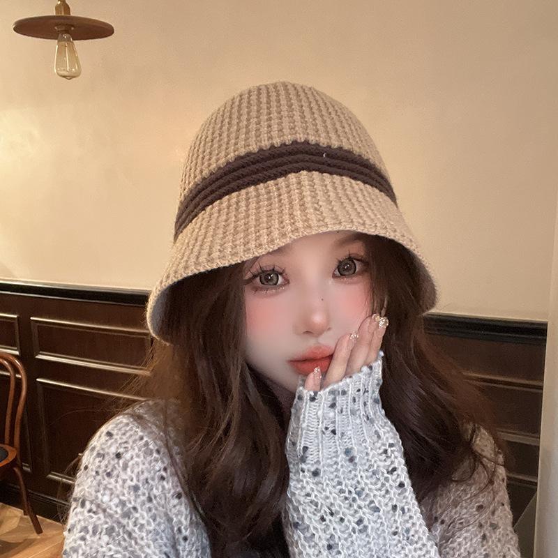 

Autumn and winter bucket hat women s warm washbasin hat Korean version color matching versatile hat women s knitted hat fashion wool hat M（56-58cm）