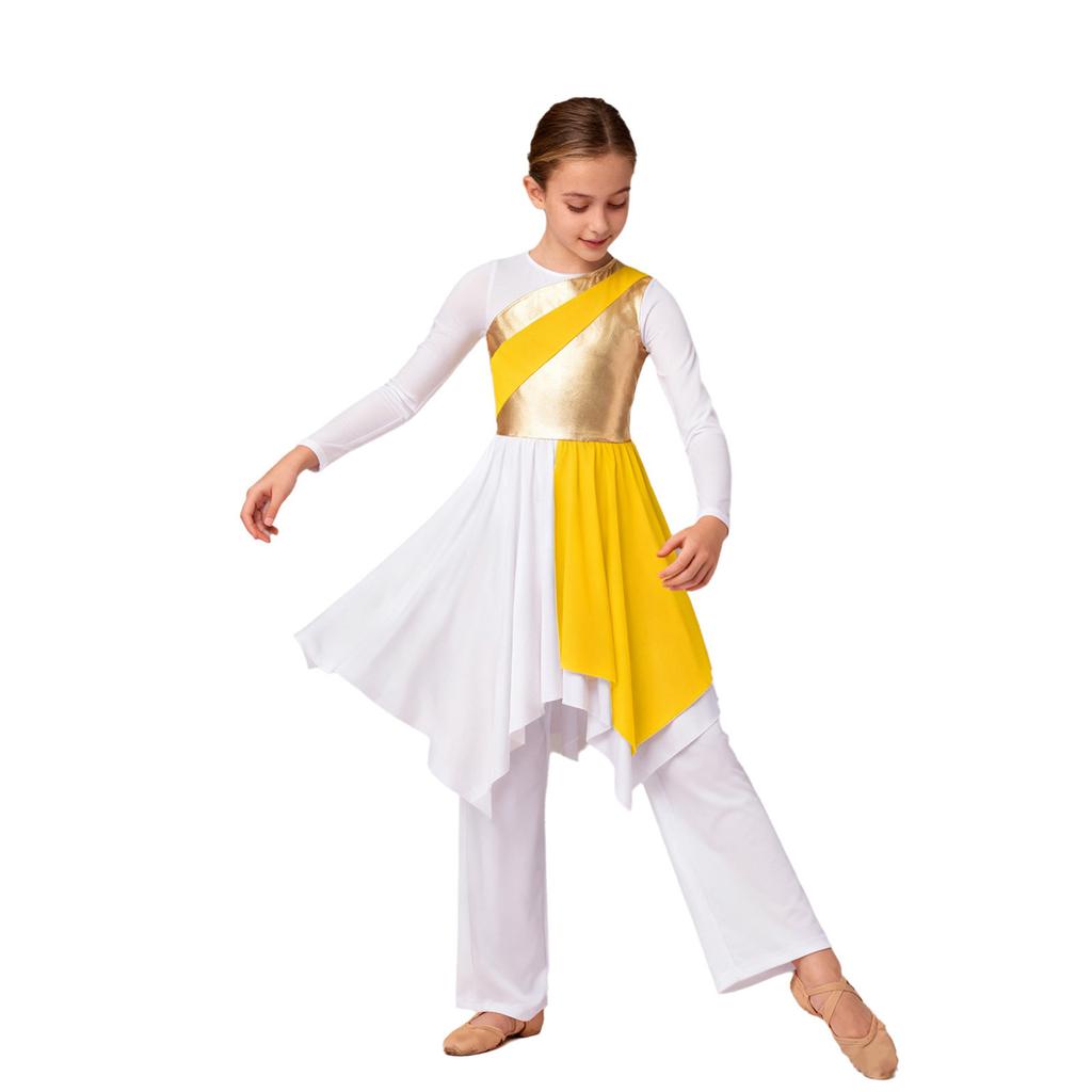 Girls Asymmetrical Hem Worship Dance Dress Elastic Waistband Pants Performance Set