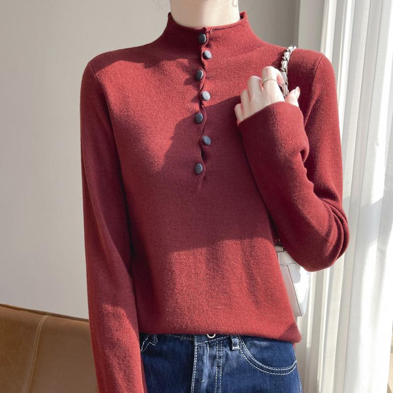 Design Color Button Semi-Turtleneck Sweater Spring New Wool Button Button Loose Knitted Top Bottoming Shirt