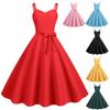 Abito da donna vintage, a trapezio, grande, a tinta unita, senza schienale, con spalline sottili, stile anni '50, con fiocco, per ballo di fine anno, cocktail party, matrimonio, abito midi, abito da sera