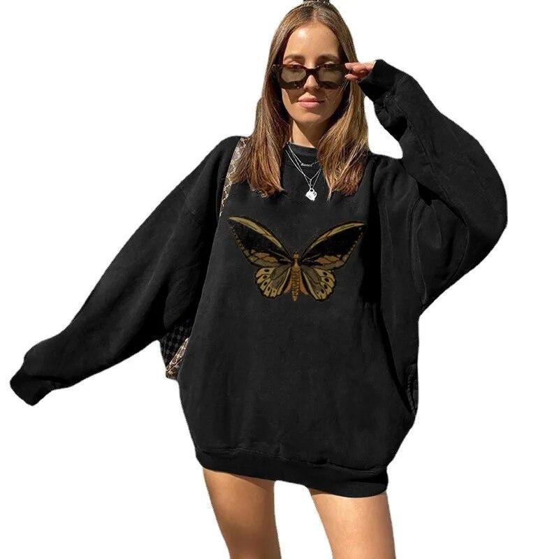 

Женская толстовка большого размера с графическим рисунком, толстовка с круглым вырезом для девочек, эстетичная винтажная уличная одежда с принтом бабочки, повседневные топы с длинными рукавами, пуловер XXL