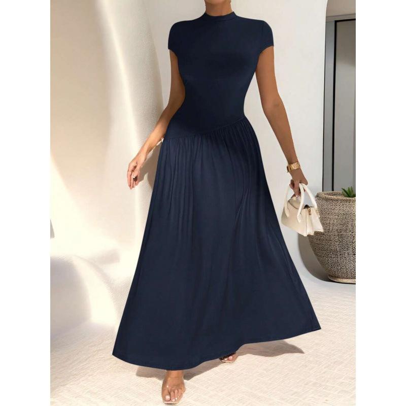 Europe, America 2026 summer new simple asymmetrical stand-up collar short-sleeved A-word casual dress women