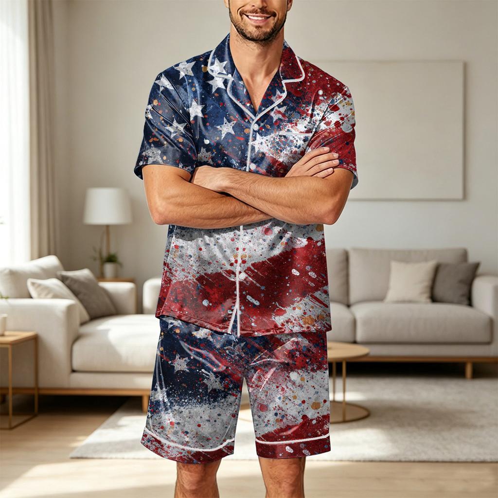 Men's Satin Short Sleeve Pajama Set Two Piece Soft Lightweight Sleepwear with Shorts and Pockets Button Down Top Lounge Suit